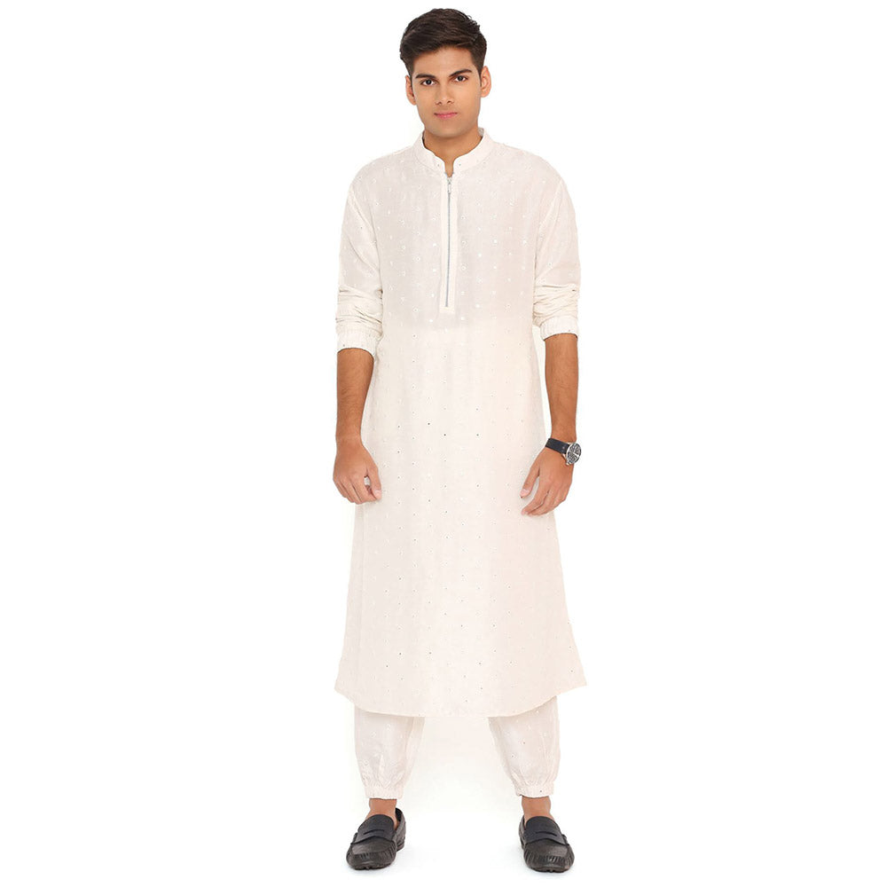 PS Men by Payal Singhal Chalk White Abla Silk Bomber Kurta with Jogger Pant (Set of 2)
