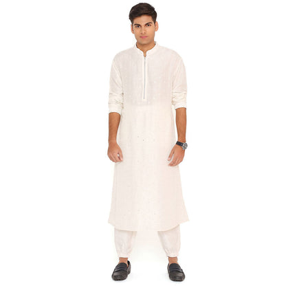 PS Men by Payal Singhal Chalk White Abla Silk Bomber Kurta with Jogger Pant (Set of 2)