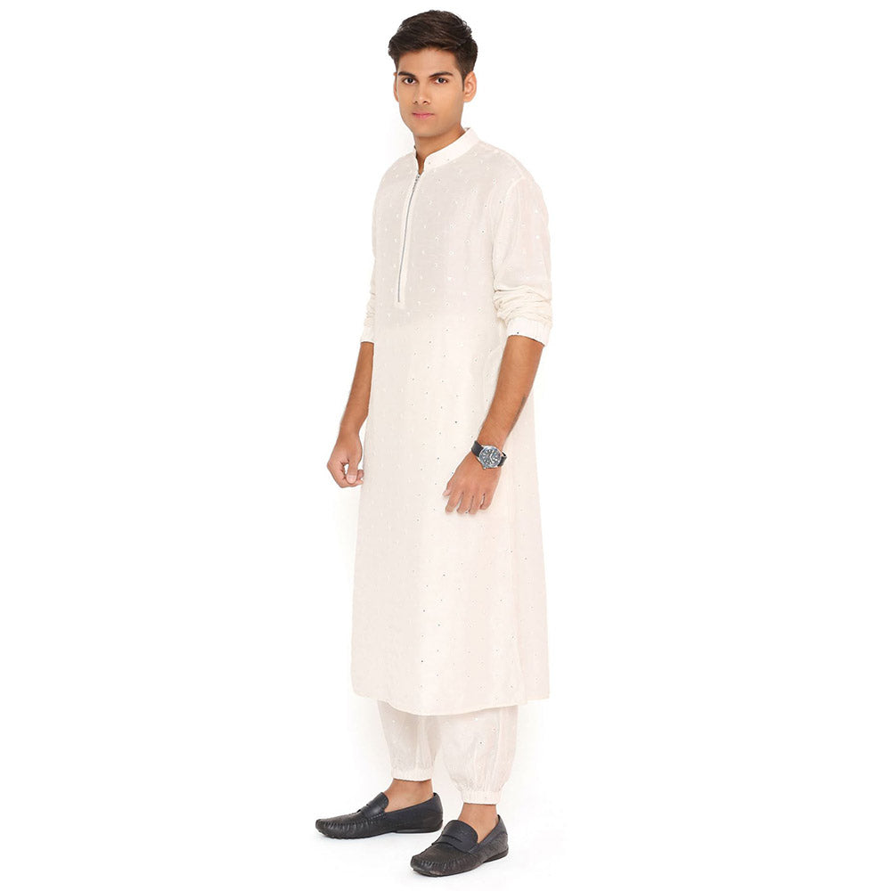 PS Men by Payal Singhal Chalk White Abla Silk Bomber Kurta with Jogger Pant (Set of 2)
