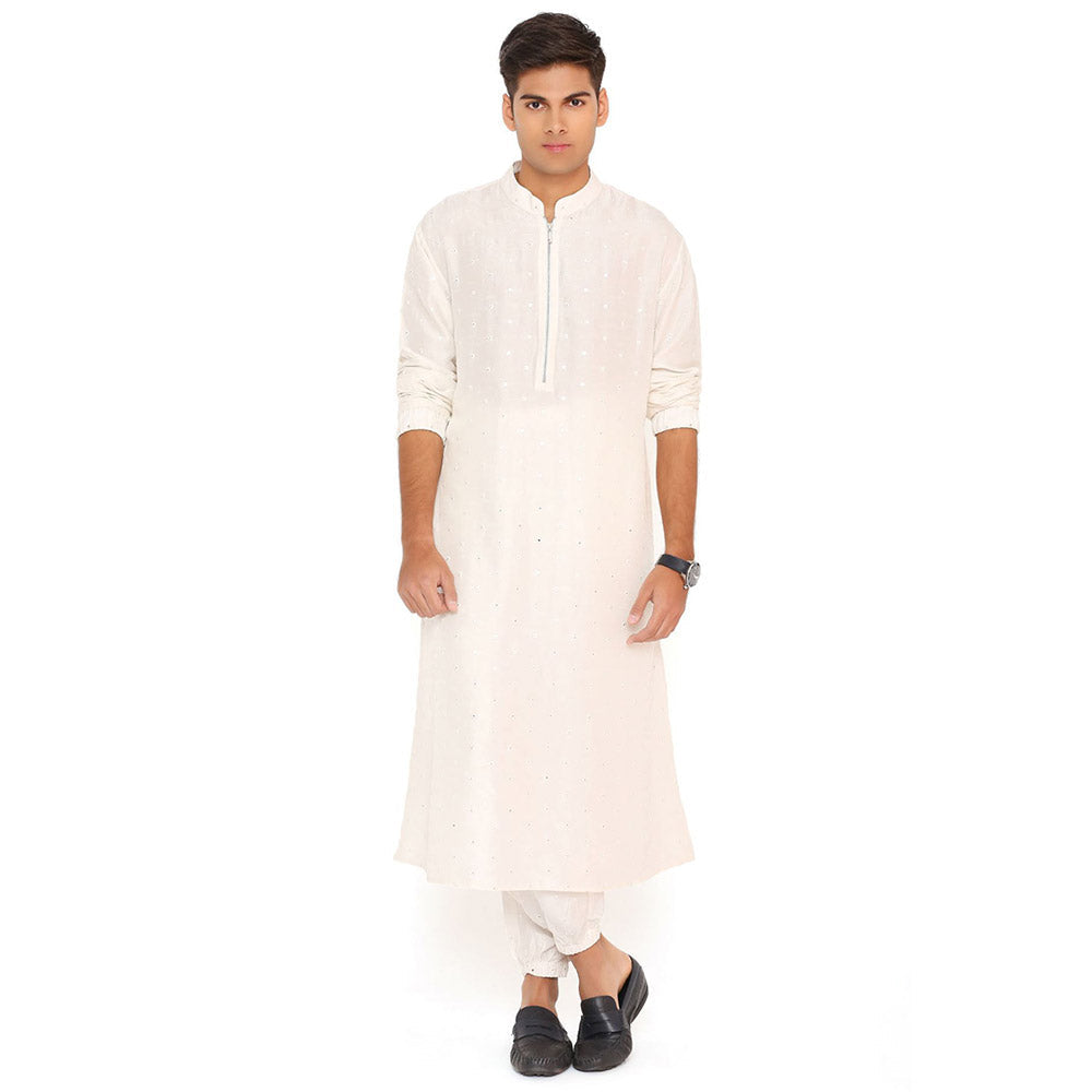 PS Men by Payal Singhal Chalk White Abla Silk Bomber Kurta with Jogger Pant (Set of 2)