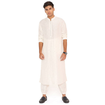 PS Men by Payal Singhal Chalk White Abla Silk Bomber Kurta with Jogger Pant (Set of 2)