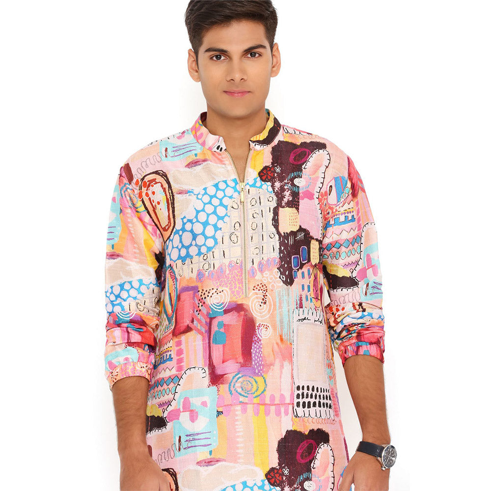 PS Men by Payal Singhal Trance Print Dupion Silk Bomber Kurta with Jogger Pant (Set of 2)