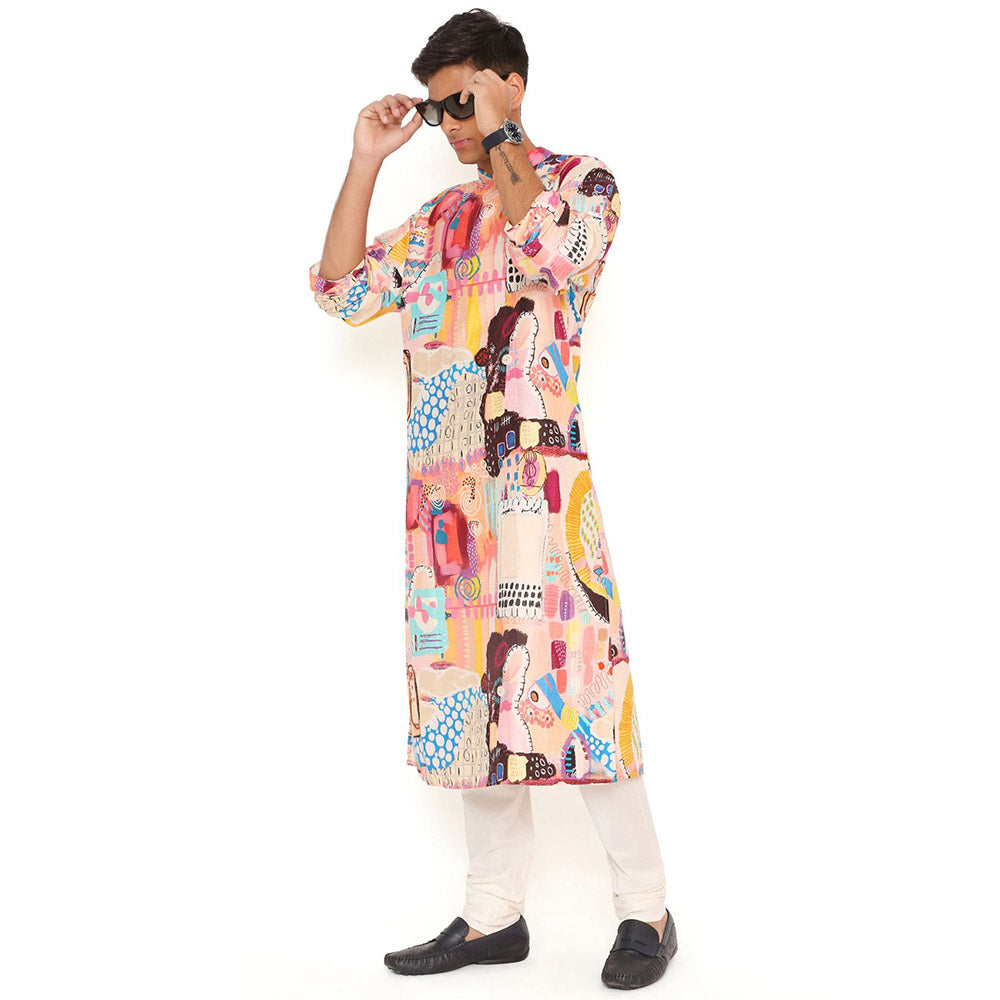 PS Men by Payal Singhal Trance Print Dupion Silk Kurta with Cotton Silk Churidar (Set of 2)