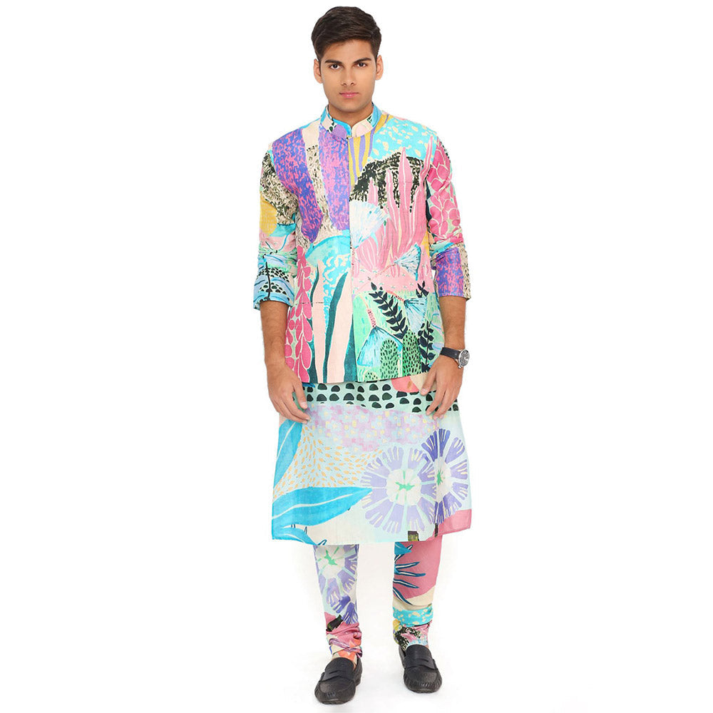 PS Men by Payal Singhal Aqua Tropical Print Dupion Silk Bandi Kurta and Churidar (Set of 3)