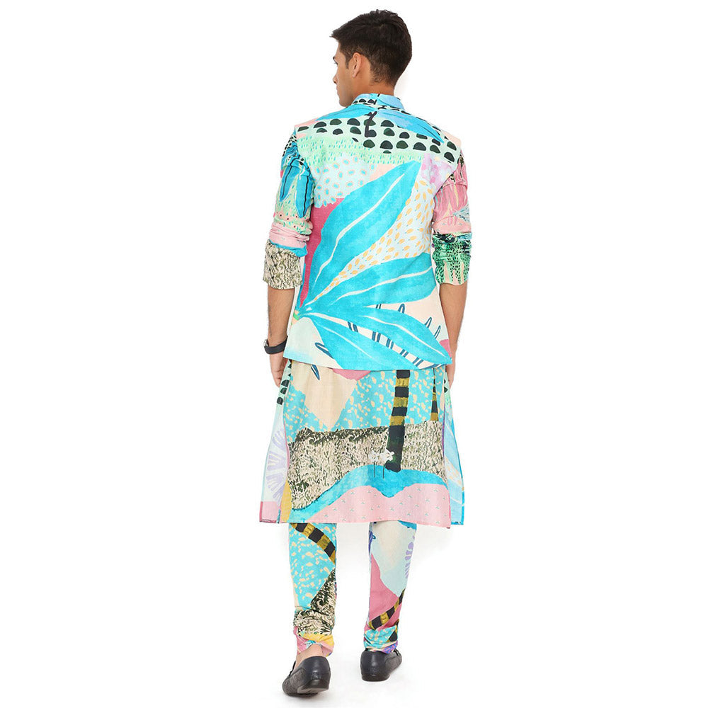 PS Men by Payal Singhal Aqua Tropical Print Dupion Silk Bandi Kurta and Churidar (Set of 3)