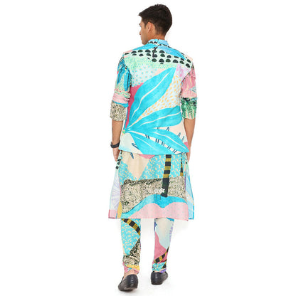 PS Men by Payal Singhal Aqua Tropical Print Dupion Silk Bandi Kurta and Churidar (Set of 3)