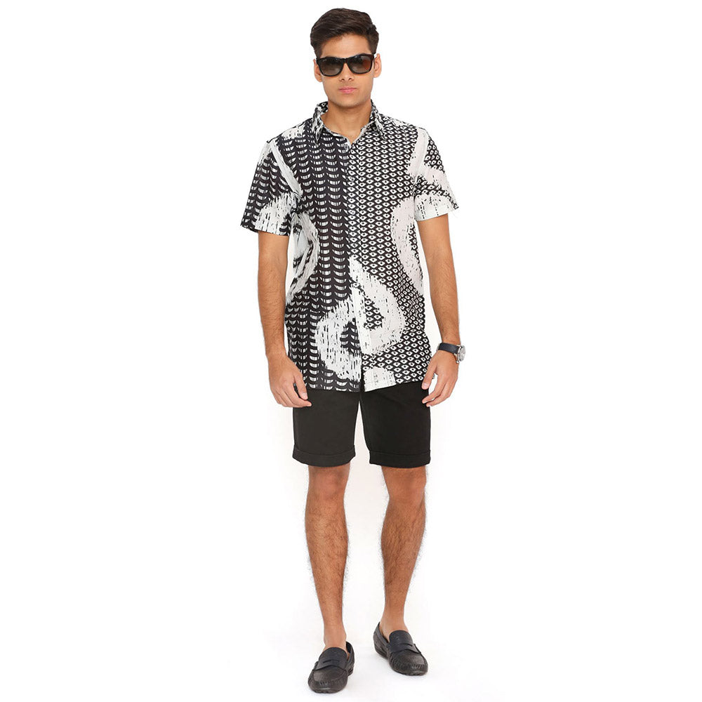 PS Men by Payal Singhal Black and White Uzbek Print Silkmul Shirt