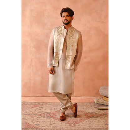 PS Men by Payal Singhal Grey Bagh Embroidered Kurta with Bandi, Jogger Pant (Set of 3)