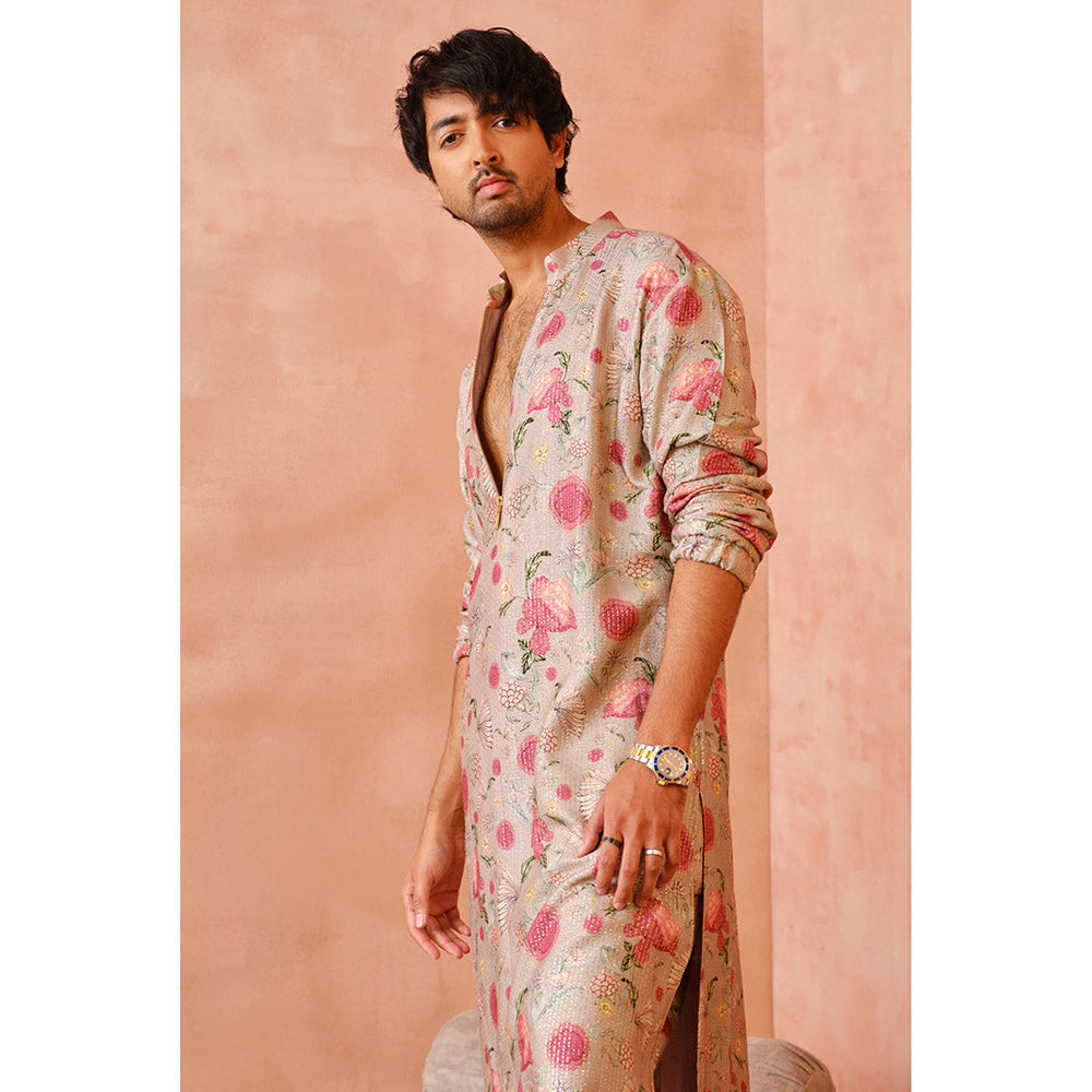 PS Men by Payal Singhal Grey Gulbagh Print Bomber Kurta with Jogger Pant (Set of 2)