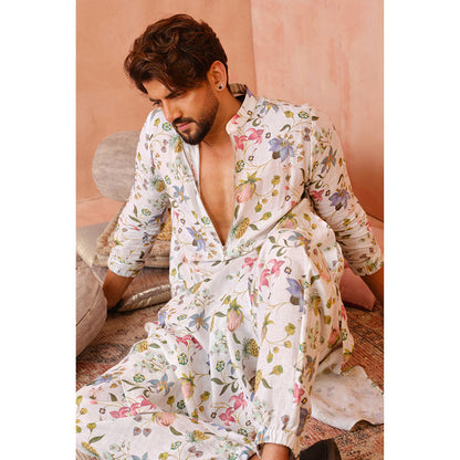 PS Men by Payal Singhal White Nargis Print Bomber Kurta with Jogger Pant (Set of 2)