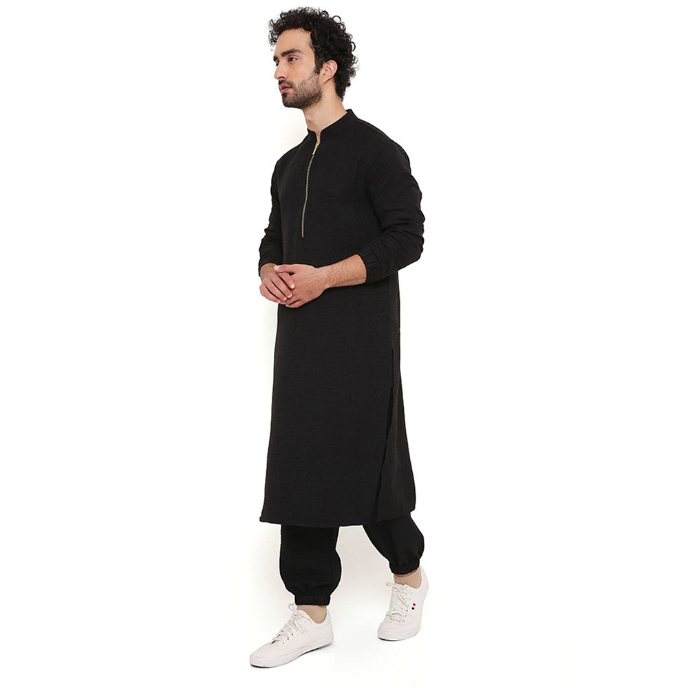 PS Men by Payal Singhal Black Soft Linen Kurta With Salwar Pant (Set of 2)