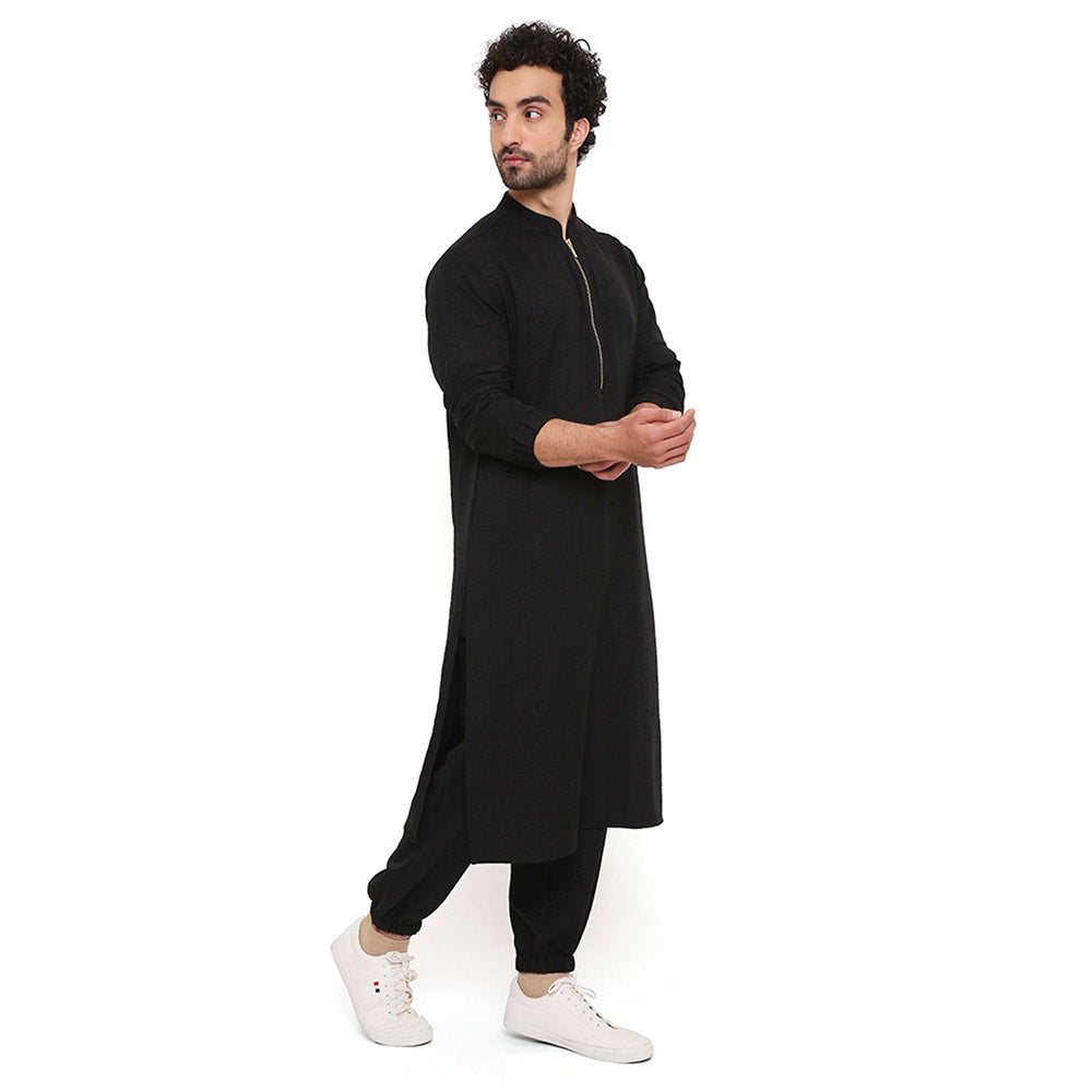 PS Men by Payal Singhal Black Soft Linen Kurta With Salwar Pant (Set of 2)