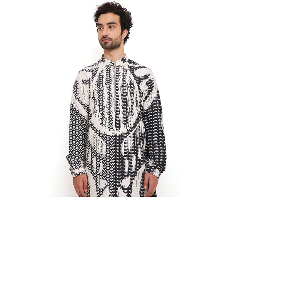 PS Men by Payal Singhal Multi Uzbec Print Dupion Silk Kurta With Salwar Pant (Set of 2)
