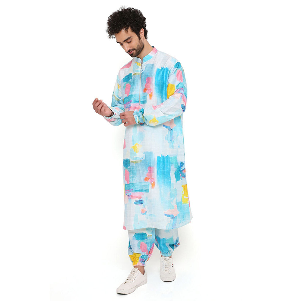 PS Men by Payal Singhal Painterly Print Dupion Silk Kurta With Salwar Pant (Set of 2)