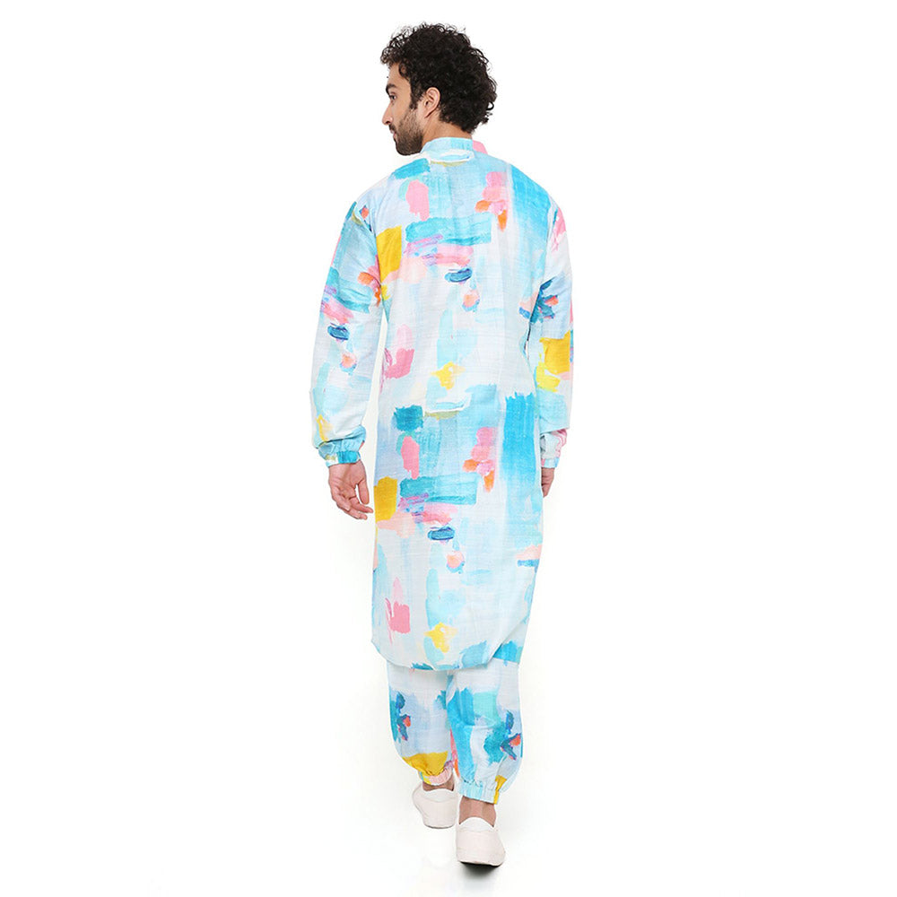 PS Men by Payal Singhal Painterly Print Dupion Silk Kurta With Salwar Pant (Set of 2)
