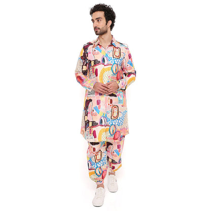 PS Men by Payal Singhal Trance Print Dupion Silk Pathani Kurta With Salwar Pant (Set of 2)