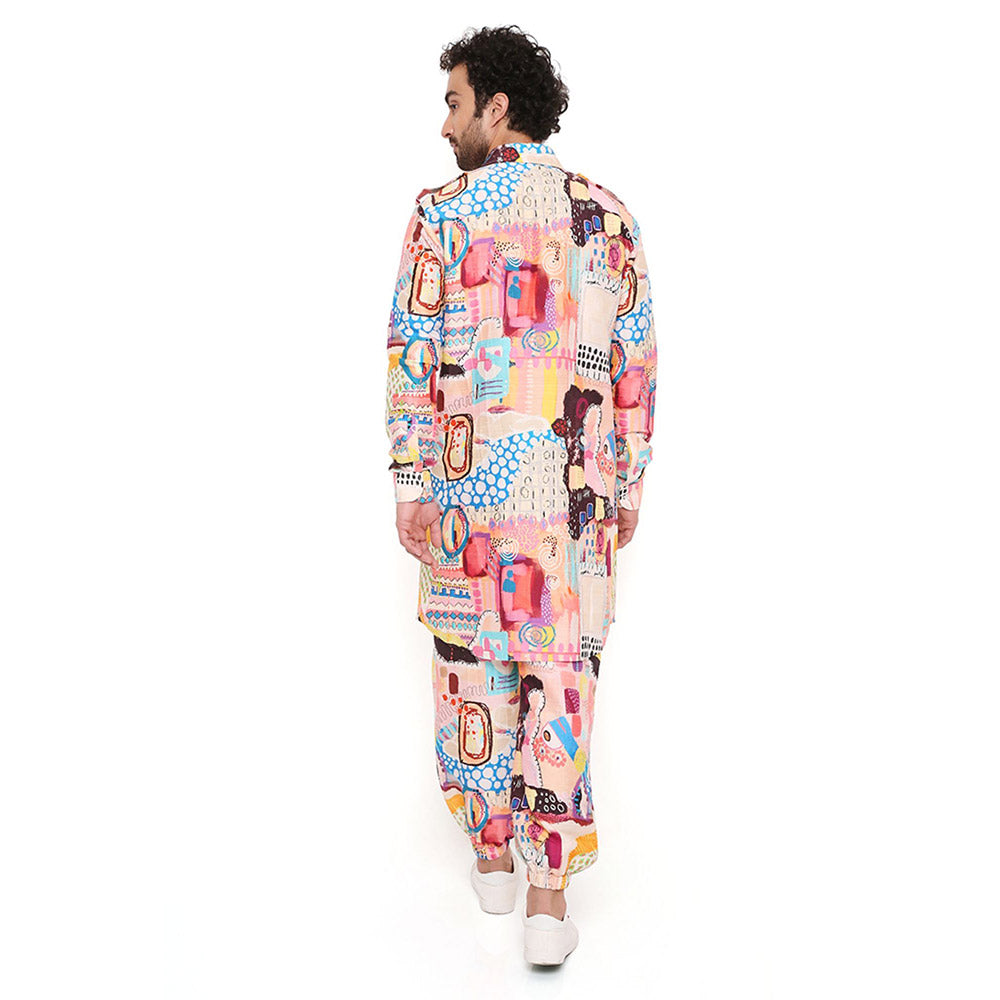 PS Men by Payal Singhal Trance Print Dupion Silk Pathani Kurta With Salwar Pant (Set of 2)