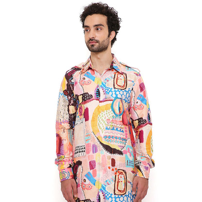 PS Men by Payal Singhal Trance Print Dupion Silk Pathani Kurta With Salwar Pant (Set of 2)