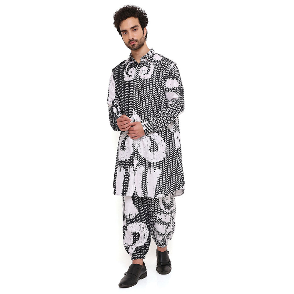 PS Men by Payal Singhal Multi Uzbec Print Dupion Silk Pathani Kurta With Salwar Pant (Set of 2)