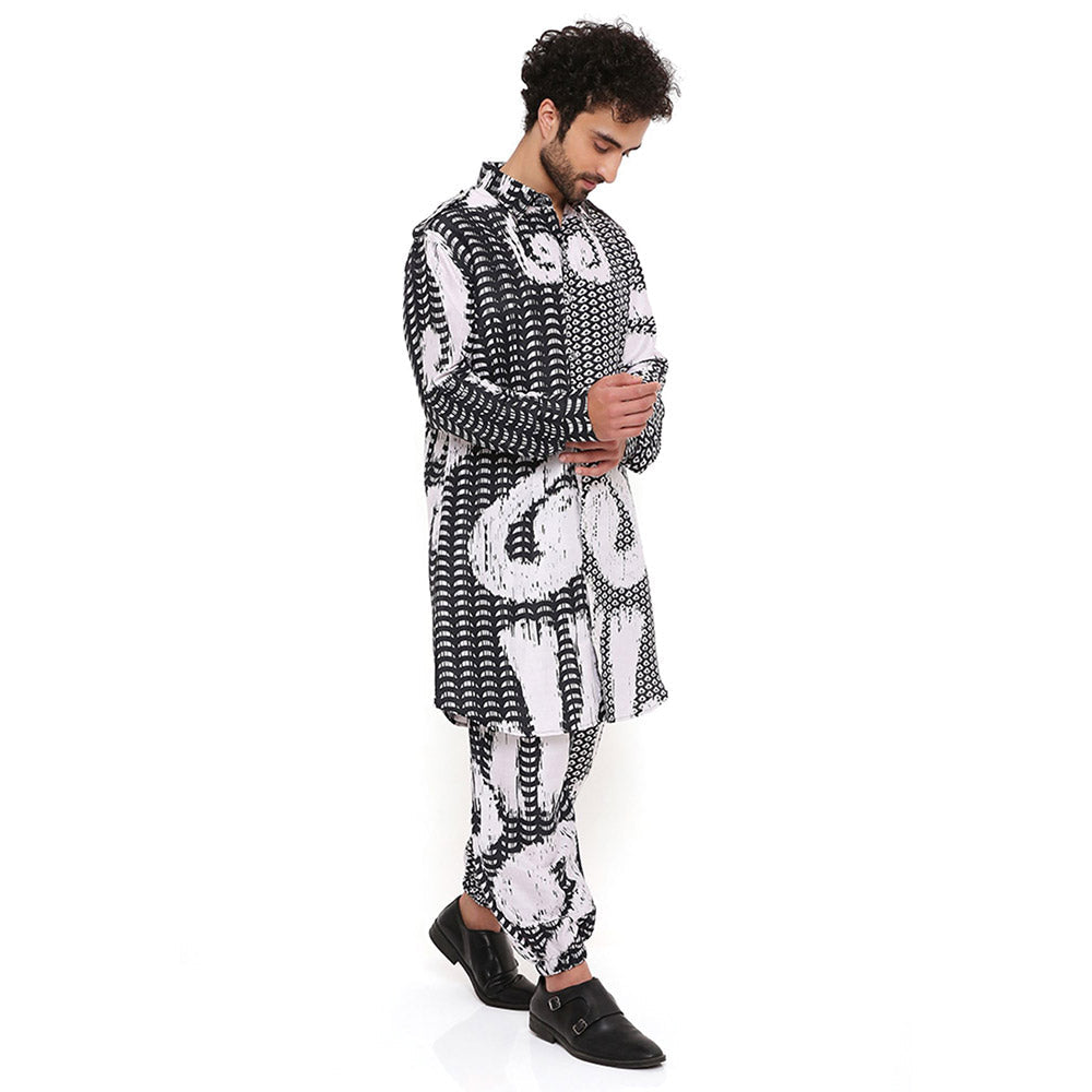 PS Men by Payal Singhal Multi Uzbec Print Dupion Silk Pathani Kurta With Salwar Pant (Set of 2)