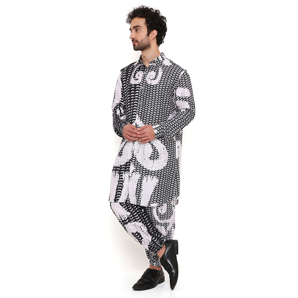 PS Men by Payal Singhal Multi Uzbec Print Dupion Silk Pathani Kurta With Salwar Pant (Set of 2)