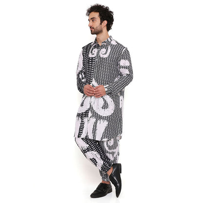 PS Men by Payal Singhal Multi Uzbec Print Dupion Silk Pathani Kurta With Salwar Pant (Set of 2)