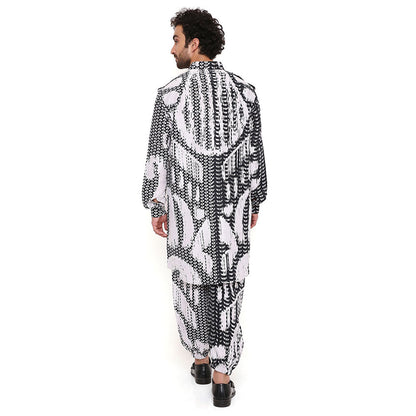 PS Men by Payal Singhal Multi Uzbec Print Dupion Silk Pathani Kurta With Salwar Pant (Set of 2)