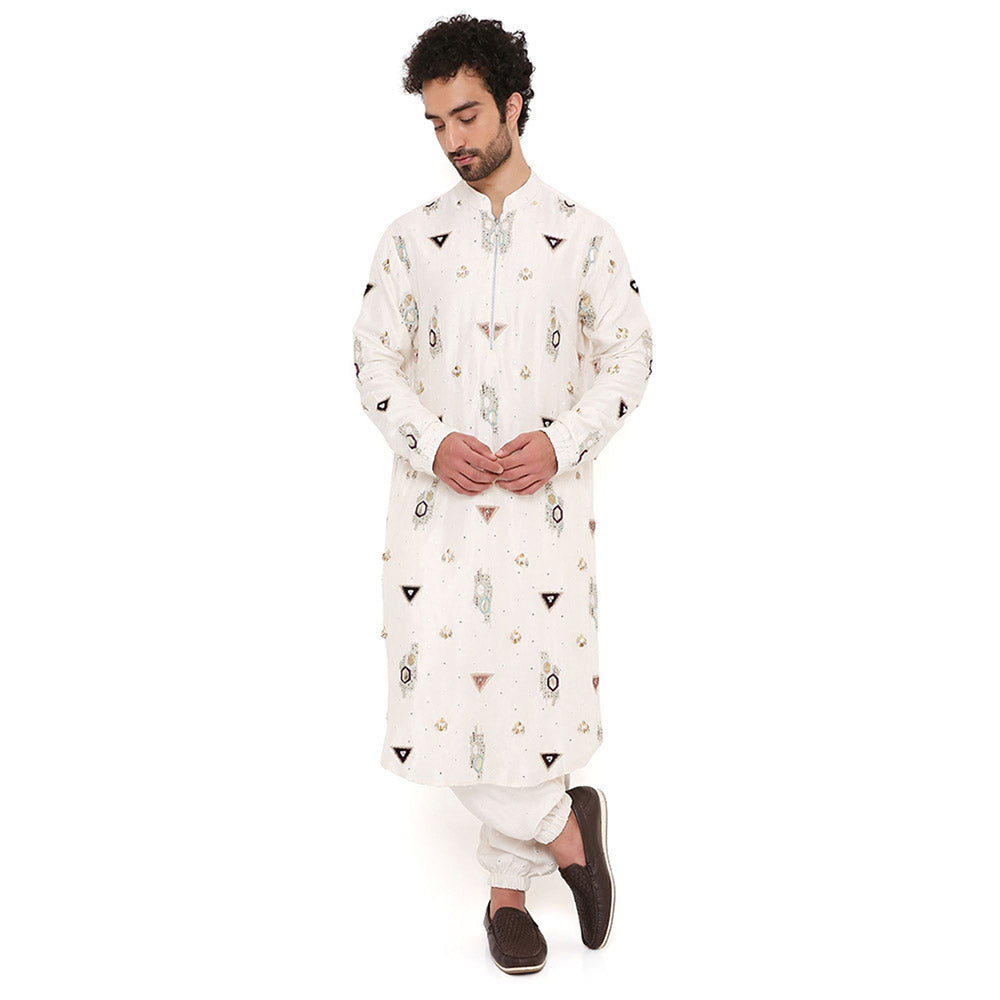 PS Men by Payal Singhal Off White Abla Silk Embroidered Kurta With Salwar Pant (Set of 2)