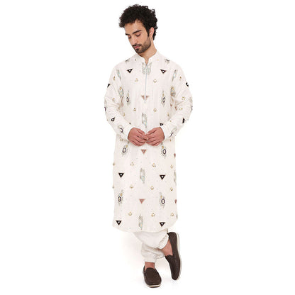 PS Men by Payal Singhal Off White Abla Silk Embroidered Kurta With Salwar Pant (Set of 2)