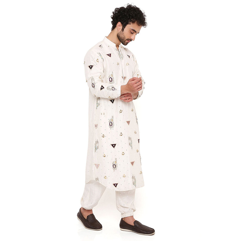 PS Men by Payal Singhal Off White Abla Silk Embroidered Kurta With Salwar Pant (Set of 2)