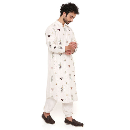 PS Men by Payal Singhal Off White Abla Silk Embroidered Kurta With Salwar Pant (Set of 2)