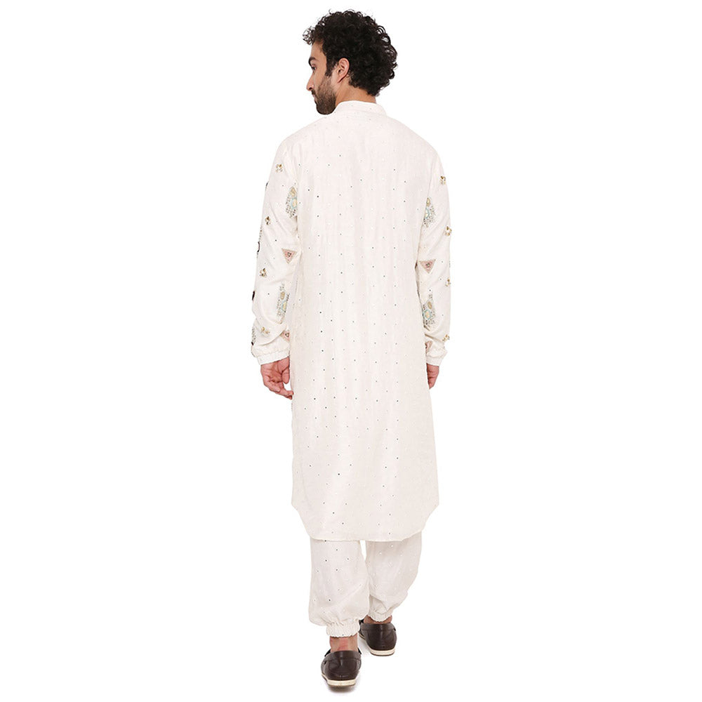 PS Men by Payal Singhal Off White Abla Silk Embroidered Kurta With Salwar Pant (Set of 2)