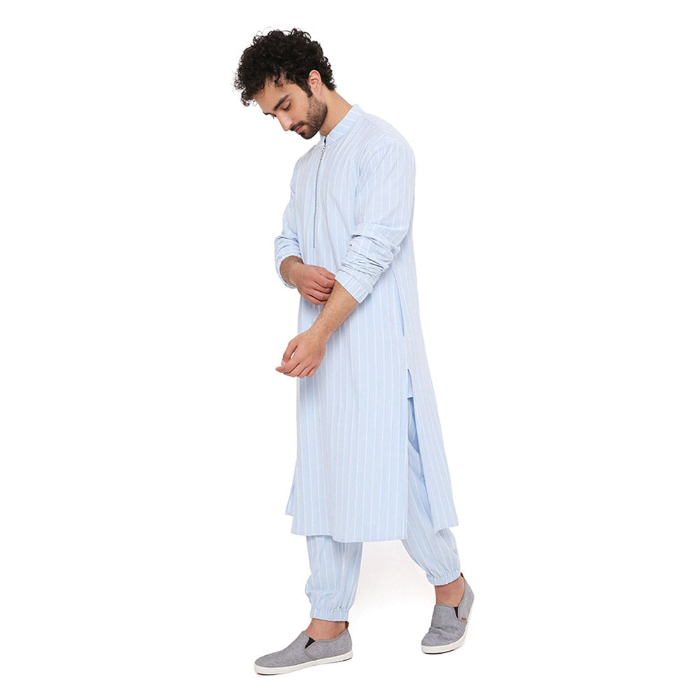 PS Men by Payal Singhal Aqua Blue Stripe Lycra Kurta With Salwar Pant (Set of 2)