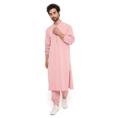 PS Men by Payal Singhal Rose Pink Stripe Lycra Kurta With Salwar Pant (Set of 2)