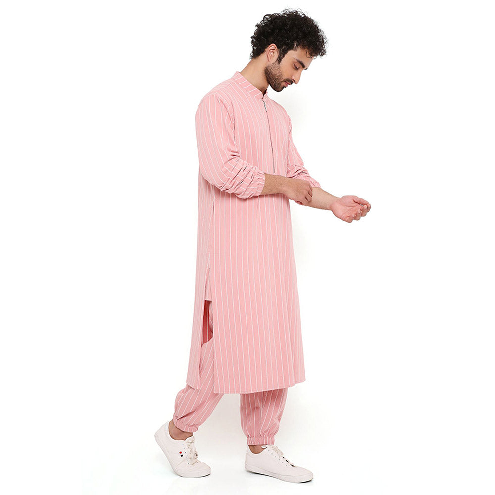 PS Men by Payal Singhal Rose Pink Stripe Lycra Kurta With Salwar Pant (Set of 2)