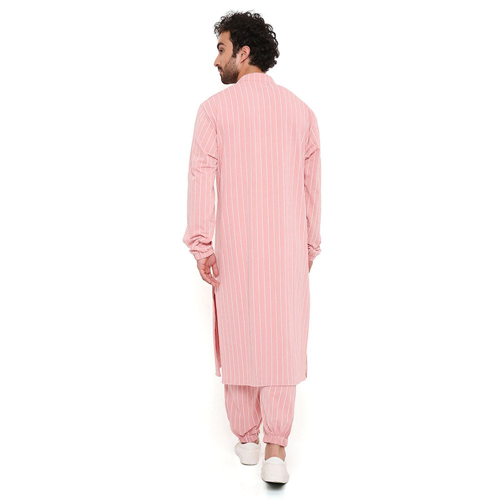 PS Men by Payal Singhal Rose Pink Stripe Lycra Kurta With Salwar Pant (Set of 2)