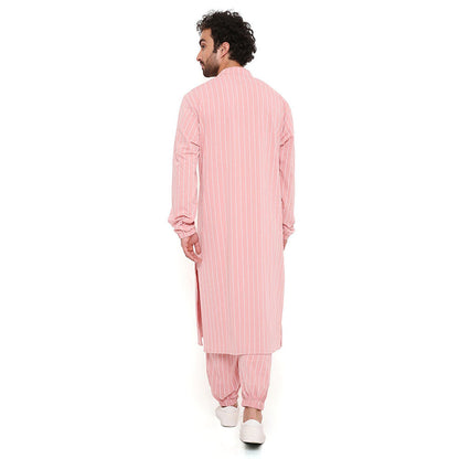 PS Men by Payal Singhal Rose Pink Stripe Lycra Kurta With Salwar Pant (Set of 2)