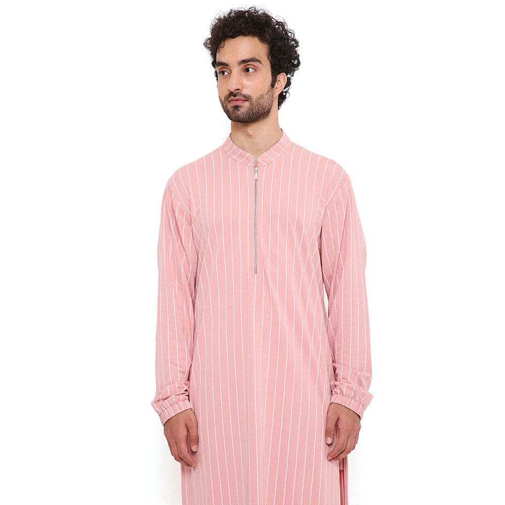 PS Men by Payal Singhal Rose Pink Stripe Lycra Kurta With Salwar Pant (Set of 2)
