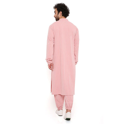 PS Men by Payal Singhal Rose Pink Stripe Lycra Kurta With Salwar Pant (Set of 2)
