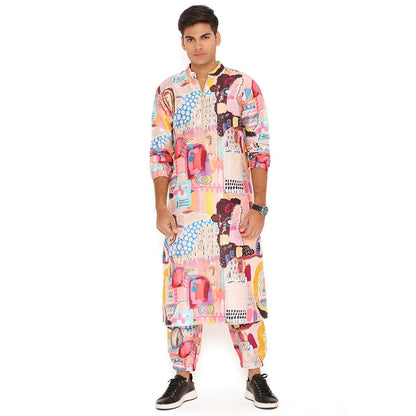 PS Men by Payal Singhal Trance Print Dupion Silk Kurta With Salwar Pant (Set of 2)