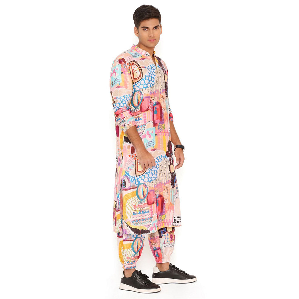 PS Men by Payal Singhal Trance Print Dupion Silk Kurta With Salwar Pant (Set of 2)