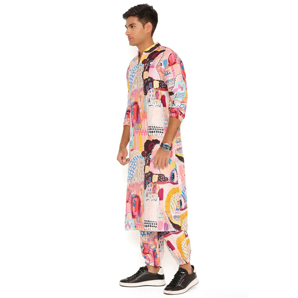 PS Men by Payal Singhal Trance Print Dupion Silk Kurta With Salwar Pant (Set of 2)
