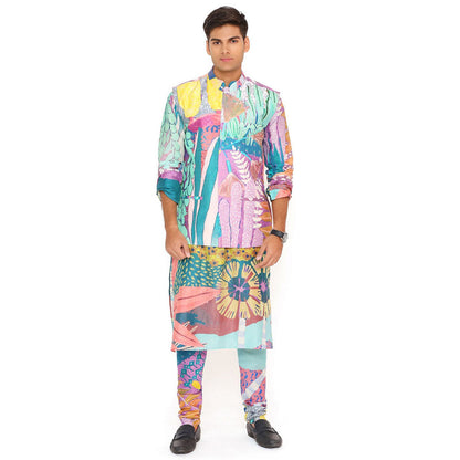 PS Men by Payal Singhal Tropical Print Nehru Jacket With Silkmul Kurta And Churidar (Set of 3)