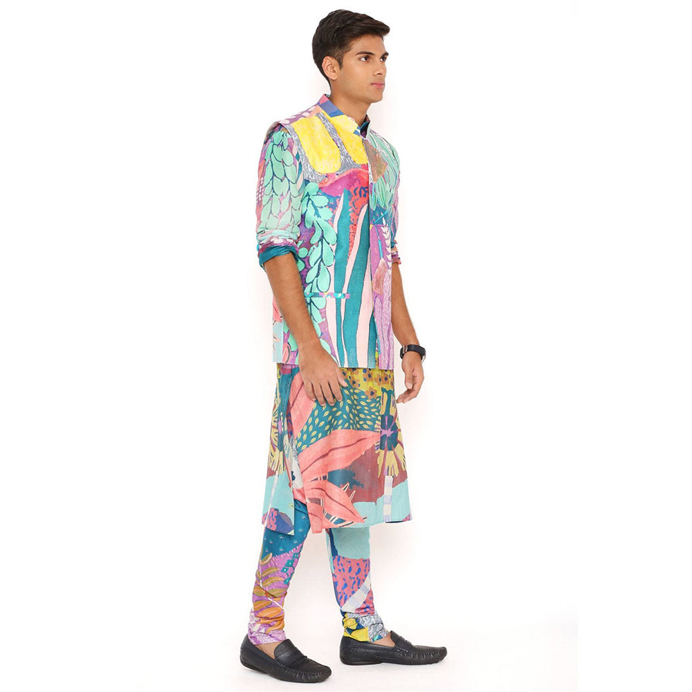 PS Men by Payal Singhal Tropical Print Nehru Jacket With Silkmul Kurta And Churidar (Set of 3)