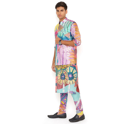 PS Men by Payal Singhal Tropical Print Nehru Jacket With Silkmul Kurta And Churidar (Set of 3)