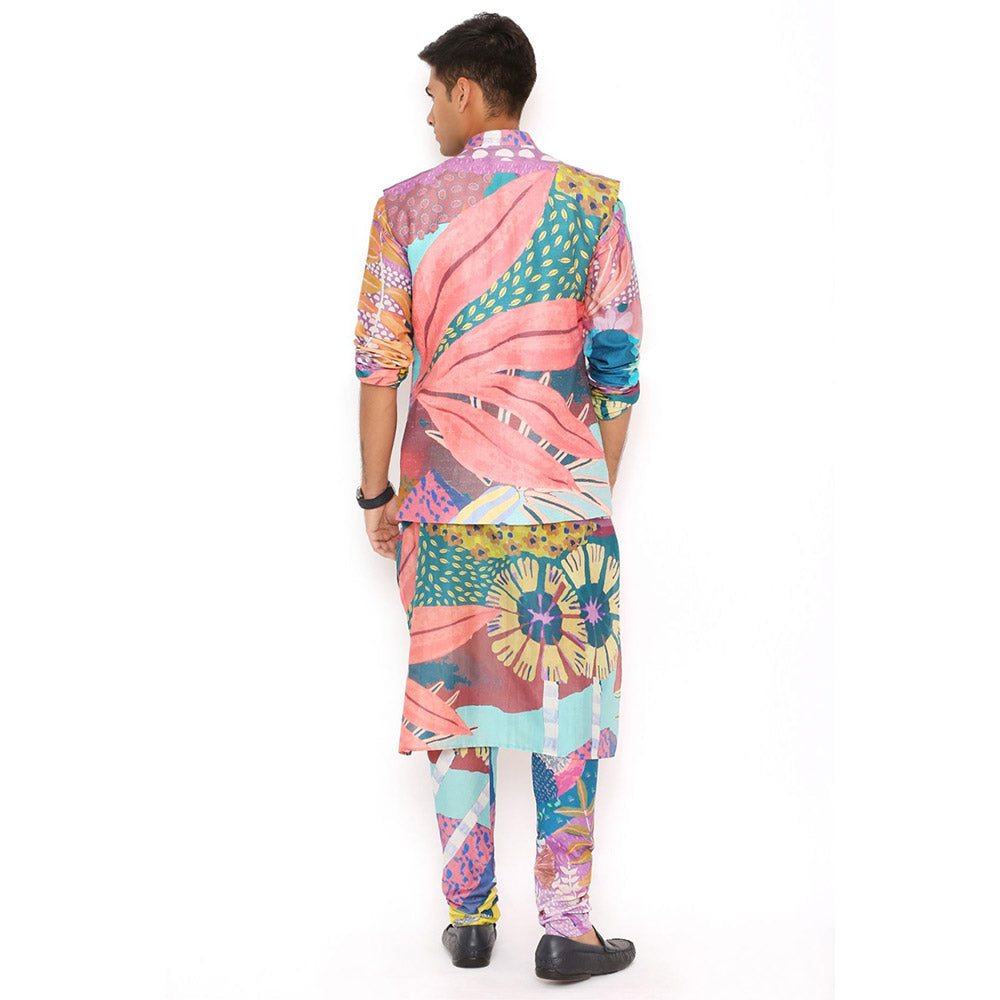 PS Men by Payal Singhal Tropical Print Nehru Jacket With Silkmul Kurta And Churidar (Set of 3)