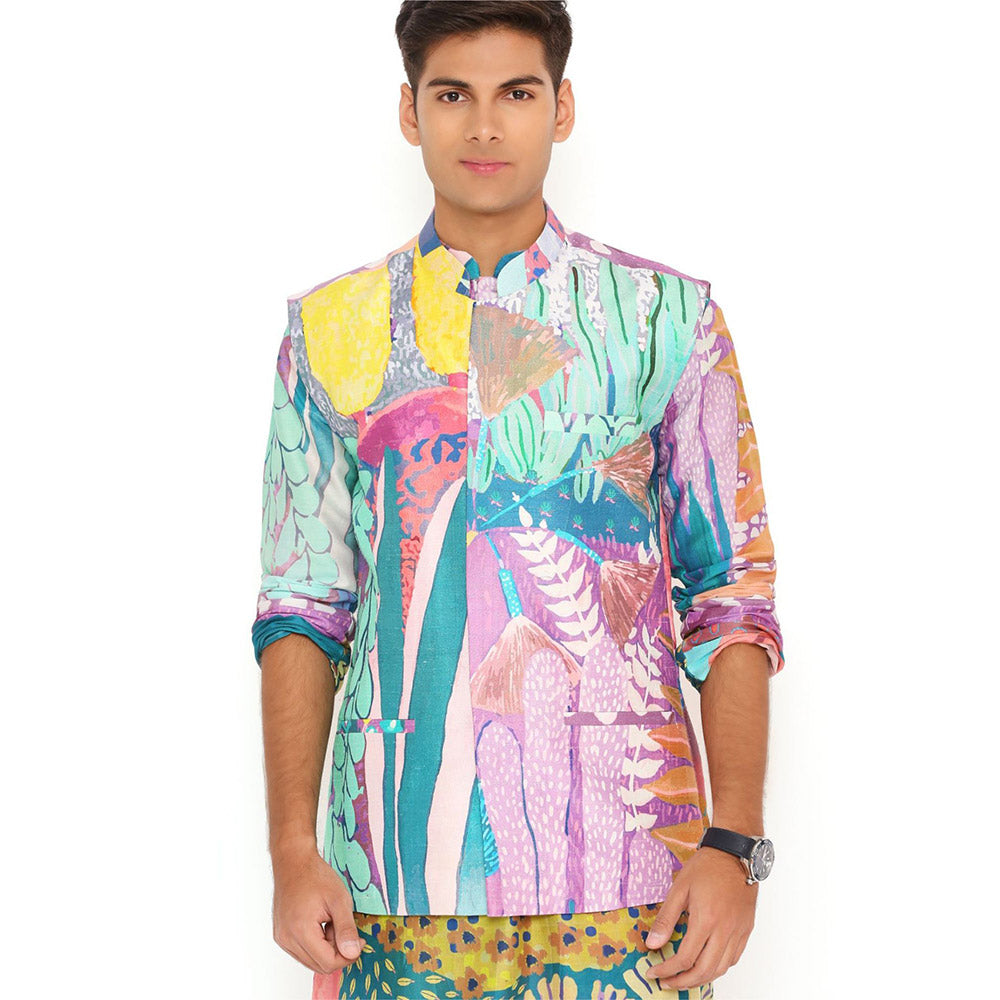 PS Men by Payal Singhal Tropical Print Nehru Jacket With Silkmul Kurta And Churidar (Set of 3)