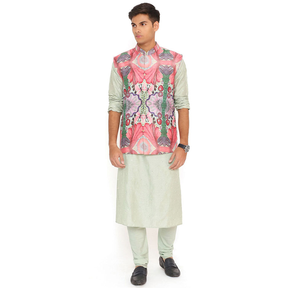 PS Men by Payal Singhal Print Nehru Jacket With Abla Silk Kurta & Silk Churidar (Set of 3)