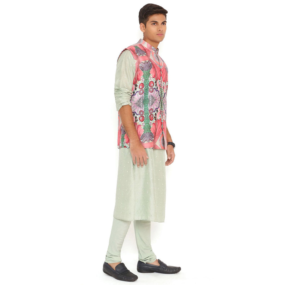 PS Men by Payal Singhal Print Nehru Jacket With Abla Silk Kurta & Silk Churidar (Set of 3)