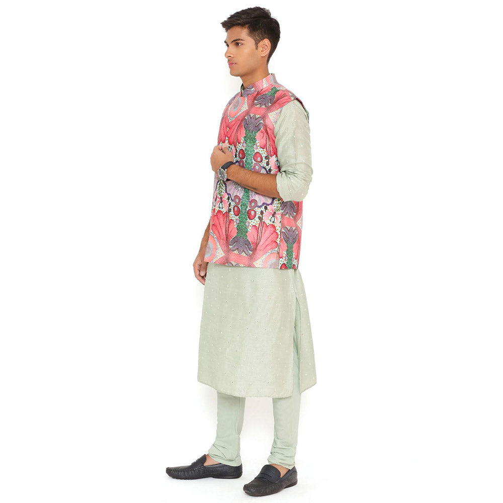 PS Men by Payal Singhal Print Nehru Jacket With Abla Silk Kurta & Silk Churidar (Set of 3)